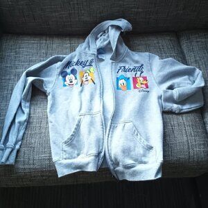 Mickey hoodie grey with characters. Says 10/12 on size. Best for 8-10 year old
